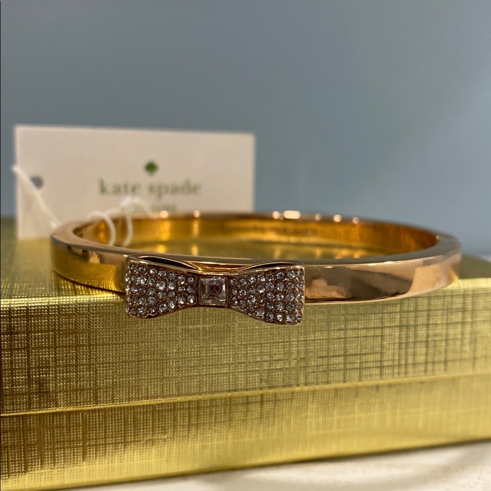 Kate Spade Pave Bow Bangle Bracelet Gold Toned Crystal Bow Charm - Picture 3 of 9